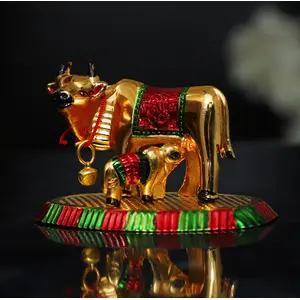 DHOKRA CRAFT Metal Kamdhenu Cow with Calf for Home and Office Temple Gift Item Puja Item Decorative Showpiece Home Decor Fengshi Vastu Items - 5 cm (Metal Gold)