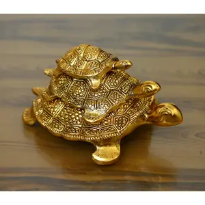 DHOKRA CRAFT Metal Feng Shui Set of 3 Tortoise Family for Good Luck Vastu Decorative Showpiece - 12.5 cm (Metal Gold)