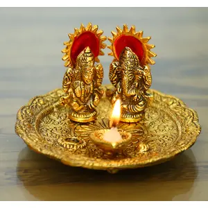 DHOKRA CRAFT Metal Pooja Thali with Diya Deepak and Laxmi Ganesh for Diwali Pooja Gift Item