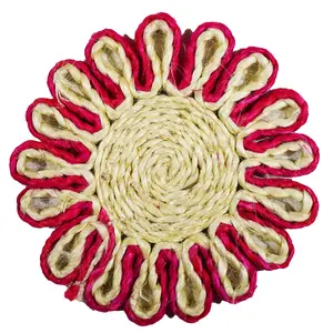CANE & BAMBOO CRAFTS Braided Jute Placemats Best for Bed-Side Table/Centre Table Dining Table/Shelves Natural Beige etc. 13 cm Set of 6 (Natural & Red)