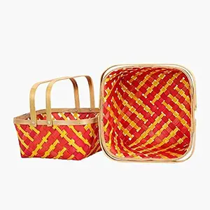 Handle cane bamboo basket for multipurpose uses natural brown wicker for hamper chocolate flower pooja cane basket. Set of 2 baskets. (Red)