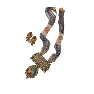 PALM LEAF -PATTACHITRA PAINTINGS Grey Handpainted Radha Krishna Kundan Necklace Jewellery for Women