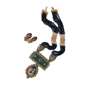 PALM LEAF -PATTACHITRA PAINTINGS Navy Blue bead Handpainted Radha Krishna pendat Kundan Necklace set Jewellery for Women