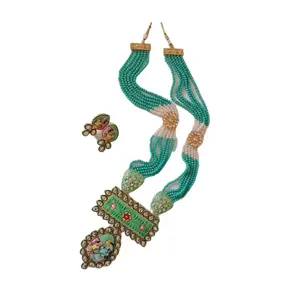 PALM LEAF -PATTACHITRA PAINTINGS Sea Green Handpainted Radha Krishna Kundan Necklace Jewellery for Women