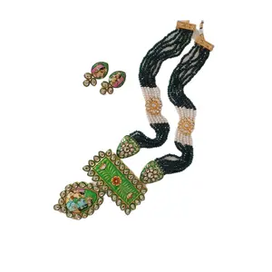 PALM LEAF -PATTACHITRA PAINTINGS Dark Green Handpainted Radha Krishna Kundan Necklace Jewellery for Women