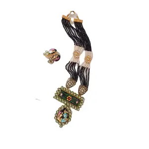 PALM LEAF -PATTACHITRA PAINTINGS Black Handpainted Radha Krishna Kundan Necklace Jewellery for Women