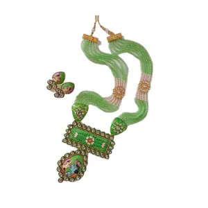 PALM LEAF -PATTACHITRA PAINTINGS Green Handpainted Radha Krishna Kundan Necklace Jewellery for Women
