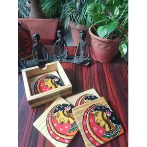 PALM LEAF -PATTACHITRA PAINTINGS - Wooden Handmade & Hand Painted Coaster Set - Set of 4 Coasters