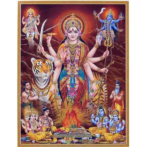 PAPIER MACHE MASK OF GODS - Maa Sherawali Poster with Glitter Unframed (8 x 11 in)