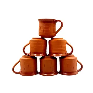 STONE WORK Handmade Ceramic Terracotta Clay Tea Cup with Traditional Brick Design Set of 6 Pcs-120 ml