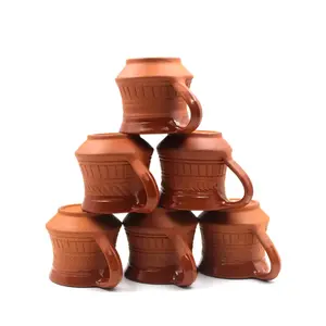 STONE WORK Terracotta Clay Tea Cups - Set of 6 Earthen Brown Ceramic Coated Oval Design - 120 ml (PER Cup 24 ML)