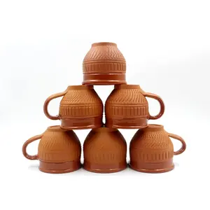 STONE WORK Handmade Ceramic Terracotta Clay Tea Cup with Dynamic Traditional Round Shape Design Set of 6 Pcs-120 ml