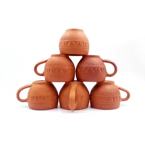 STONE WORK Handmade Terracotta Non Ceramic Clay Tea Cup with Dynamic Design Set of 6 Pcs-120 ml