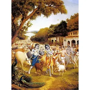 STONE WORK KRISHNA BALARAM LEAVES FOR THE FOREST WITH COWS FINE ART PAPER PRINT POSTER (Size: 13.5 inches x 10.5 inches Small 34.29 x 26.67 Centimetres)