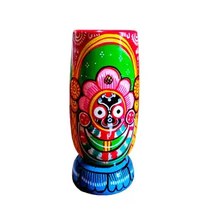 WOOD CARVING WORK Wooden Glass Container for Pen Pencil Color Brush and Many More Uses A Decorative Showpiece Multi Color 5.2 Inch Height 01 Piece