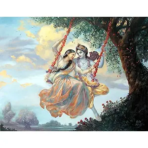 STONE WORK BBT Radha Krishna Jhulan Yatra Divine Swing Fine Art Print Poster (Paper Multicolour)