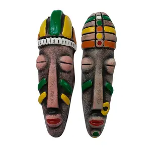 STONE WORK Terracotta Wall Haning Home Decorative Multicolored Tribal Mask - 2 Pcs. (H X W X D : 18 * 5 * 3 CM)