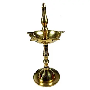 WOOD CARVING WORK Brass Polished Tall KASHI SAMAI KUTHU VILAKKU Pancha Diya/Deepam/Jyoti/Lamp with Stand (Easily dismantlable) (Five Notched)