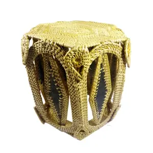 WOOD CARVING WORK Golden Grass Hand-Woven Golden LAMP SHADE Odia coastal handicraft beautiful ethnic table dcor item for gifting (Yellow Length: 7 In x Width: 7 In Height: 7.5 In x Weight: 115 Gr)
