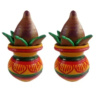WOOD CARVING WORK RIDDHI SIDDHI KALASA/PURNAKUBHA: Beautiful Hand-Painted Terracotta Clay-Made Kalash (Purna kumbha) with Coconut for Wealth and Prosperity Home and Office Decoration (2 Pcs)