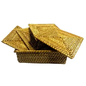 WOOD CARVING WORK Golden Grass Hand-Woven Squarish Golden four Coaster Set with Box Odia coastal handicraft table dcor item for gifting (Yellow Length: 5 In x Width: 5 In x Height: 2 In x Weight: 65 Gr)