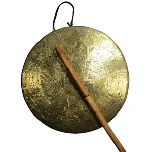 WOOD CARVING WORK Brass Percussion Pooja Bell/Gong Bell Ghanta with Stick for Puja Home Temple School Institute (7 inches Diameter)