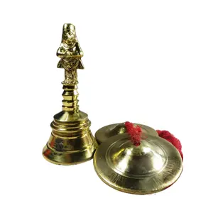 WOOD CARVING WORK Ghanti/Bell And Gini/Hand Cymbals Beautiful Hand-Held Brass Garuda Ghanti/Bell And Gini/Manjira/Hand Cymbals For Puja Kirtan Arati And Bhajan (Two Items) (Combo)