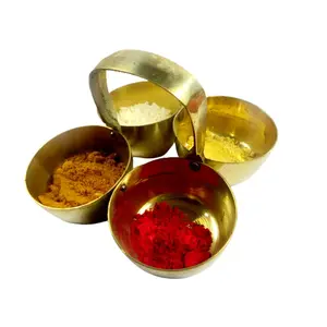 WOOD CARVING WORK Roli Chowmukha: Beautiful Medium Brass Puja Roli Chowmukh (4 Container 4 Holder Patra) Bowl for Carrying Chawal Sindoor Haldi Kumkum Elaichi Mishri Etc. (Golden)