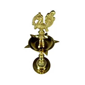 WOOD CARVING WORK Pure Brass Tall Peacock-Topped KASHI SAMAI KUTHU VILAKKU Sapta (Seven Notched) Diya/Deepam/Jyoti/Lamp with Stand (Easily dismantlable 11 Inches)