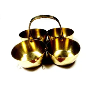 WOOD CARVING WORK Beautiful Small Brass Puja Roli Chowmukh (4 Container 4 Holder Patra) Bowl for Carrying Chawal Sindoor Haldi Kumkum Elaichi Mishri Etc. for Puja