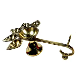 WOOD CARVING WORK Beautiful Unique Handmade Brass Panch Aarti Ghee/Oil/Camphor Burner Lamp (Pancha-Mukhi: Five-Faced) for Puja and Gift