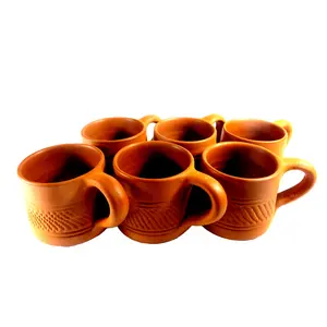 WOOD CARVING WORK Terracotta Clay Teacups - Set of 6 Earthen Brown Non-Ceramic Handmade Kulhads; Brick Colour; (Diameter: 3 X Height: 2.5 Inches X Weight: 140 Grams Each); 6 Pieces 840 Grams