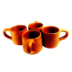 WOOD CARVING WORK Terracotta Clay Teacups - Set of 4 Earthen Brown Non-Ceramic Handmade Kulhads (PER Cup 24 ml); Brick Colour; (Diameter: 3 X Height: 2.5 Inches X 140 Grams Each); 4 Pieces 560 Grams