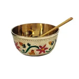 BRASS CRAFTS Peetal Heavy Meena Color Katori With Spoon Dessert Bowl For Sweets Katori For Puja Katori For Dinner Embossed Bowl Pital Bowl For Gifting (Brass) 150 Milliliter