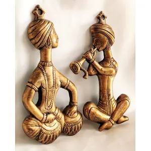 BRASS CRAFTS Metal Musician with Tabla Hanging Flute Wall Hanging Wall Decor Showpiece