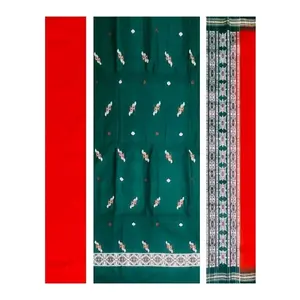 SAMBALPURI BANDHA CRAFT sambalpuri bomkai cotton dress material set(Traditional bomkai motifs in green color base)