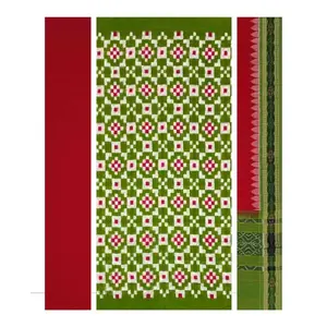 SAMBALPURI BANDHA CRAFT sambalpuri cotton dress material set(Pasapali design in light mehendi green red and white colors combination)