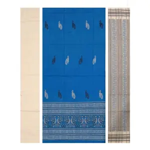 SAMBALPURI BANDHA CRAFT sambalpuri bomkai cotton dress material set(Peacock motifs in blusish grey color base)