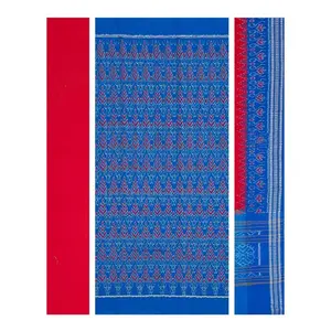 SAMBALPURI BANDHA CRAFT Sambalpuri cotton dres material set(Traditional flower design in firozi blue and red colors combination)