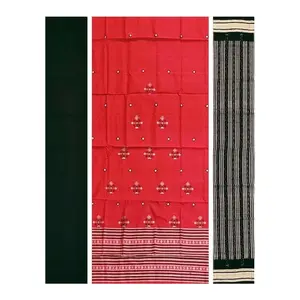 SAMBALPURI BANDHA CRAFT sambalpuri bomkai cotton dress material set(Traditional bomkai motifs in red color base)