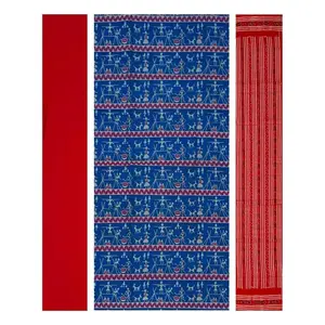 SAMBALPURI BANDHA CRAFT Sambalpuri cotton dress material set (Indian street circus design in blue color base)