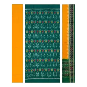 SAMBALPURI BANDHA CRAFT sambalpuri cotton dress material set(Terracotta and village hut design in green yellow and red colors combination)