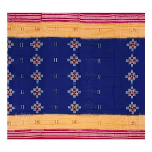 SAMBALPURI BANDHA CRAFT sambalpuri bomkai cotton saree with blouse piece(Pasapali design in blue red and light peach colors combination)