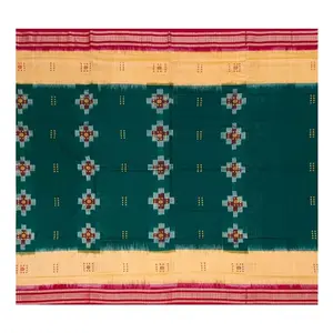 SAMBALPURI BANDHA CRAFT sambalpuri bomkai cotton saree with blouse piece(Pasapali design in green red and light peach colors combination)