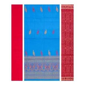 SAMBALPURI BANDHA CRAFT sambalpuri bomkai cotton dress material set(Peacock motifs in sky blue color base)