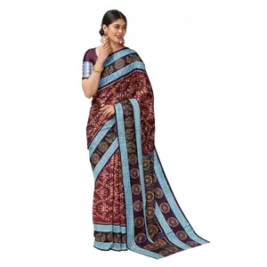Sambalpuri cotton saree with blouse piece (3D design in coffee color base)
