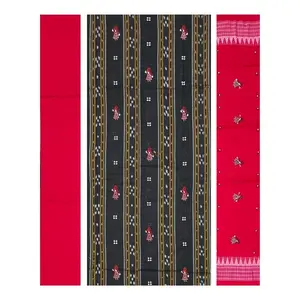 SAMBALPURI BANDHA CRAFT Sambalpuri Bomkai cotton dress material set(Doll motifs in black color base with red color du[atta and salwar)