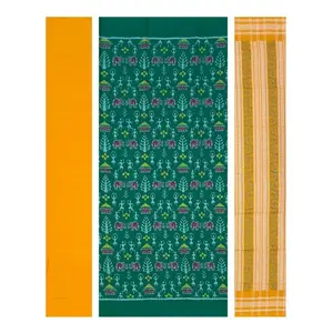 SAMBALPURI BANDHA CRAFT Sambalpuri cotton dress material set(Elephant and terracotta art design in green color base)