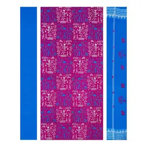 SAMBALPURI BANDHA CRAFT embroidery work cotton dress material set(tribal design in deep pink and sky blue colors combination)