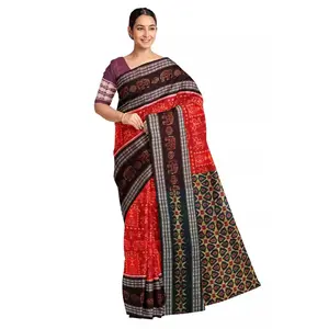 SAMBALPURI BANDHA CRAFT Sambalpuri cotton saree with blouse piece(Terracotta art design in maroonish brick red color with coffee color boarder)